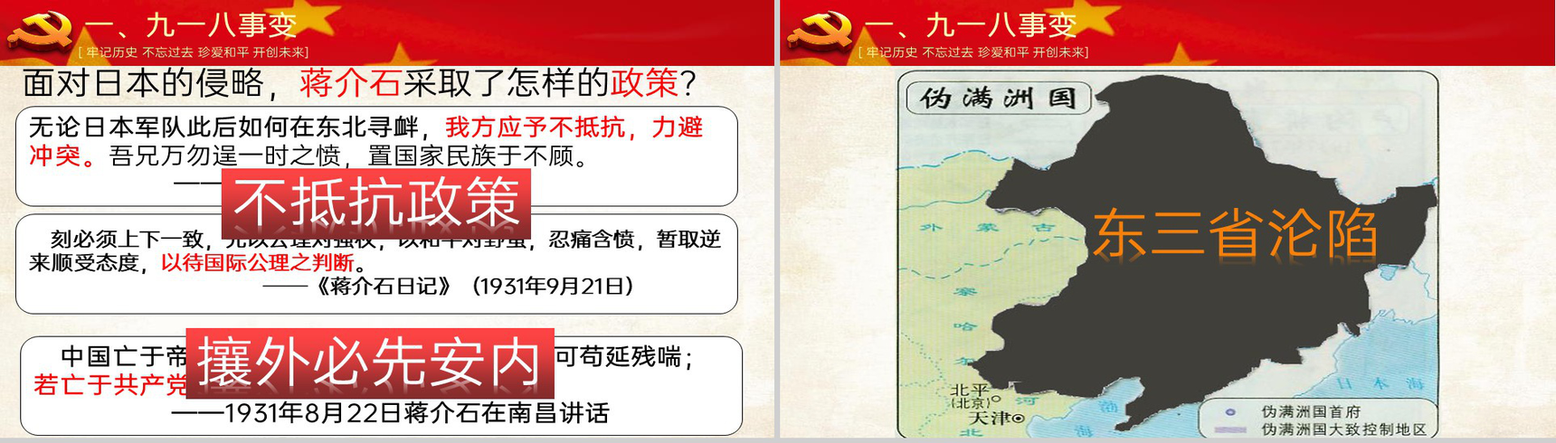 黄色简约缅怀先烈勿忘国耻从九一八到西安事变主题教育PPT模板